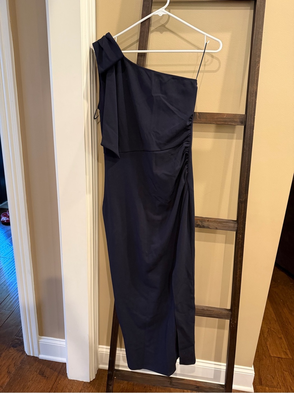 One-Shoulder Navy Evening Dress with Side Drape